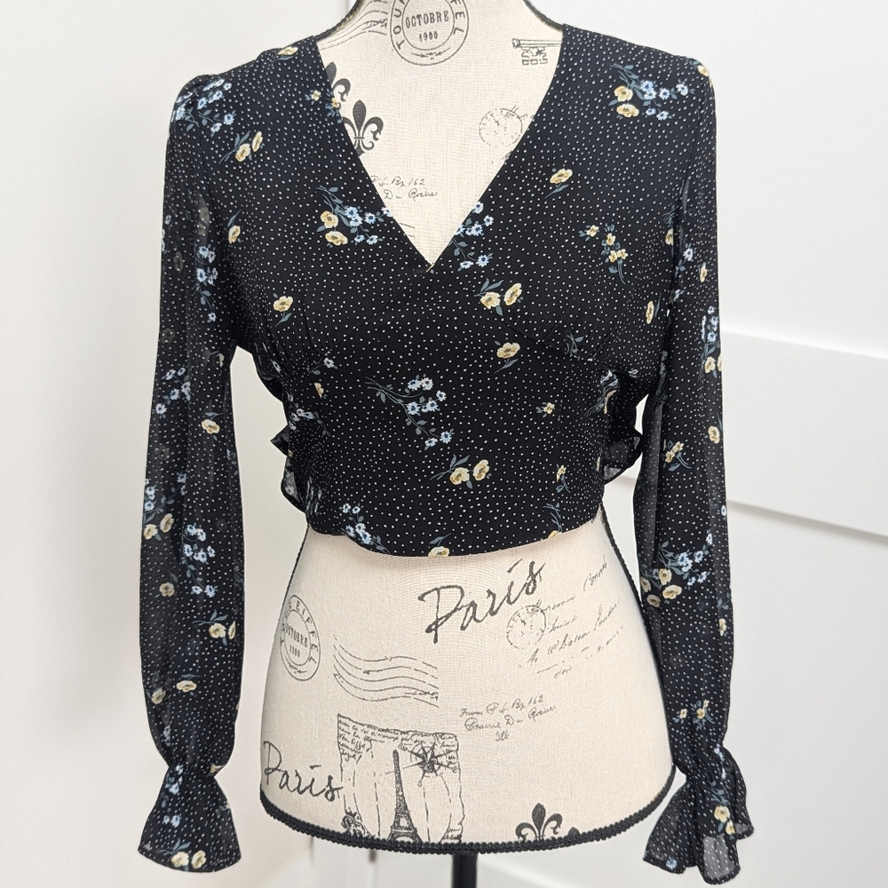 Dynamite romantic floral + polka dot cropped blouse with ruffles and tie